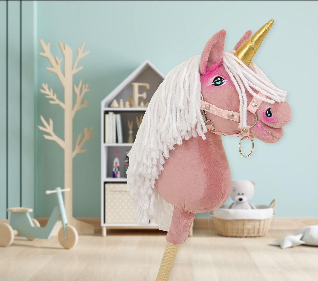 Hobby Horse Einhorn am Stock, Klein, Staubrosa, mit Weißer Mähne und Goldenem Horn