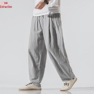Men's Relaxed Fit Chinese Style Linen Pants - Loose Straight-Leg Casual Cotton Bloomers for Spring/Summer