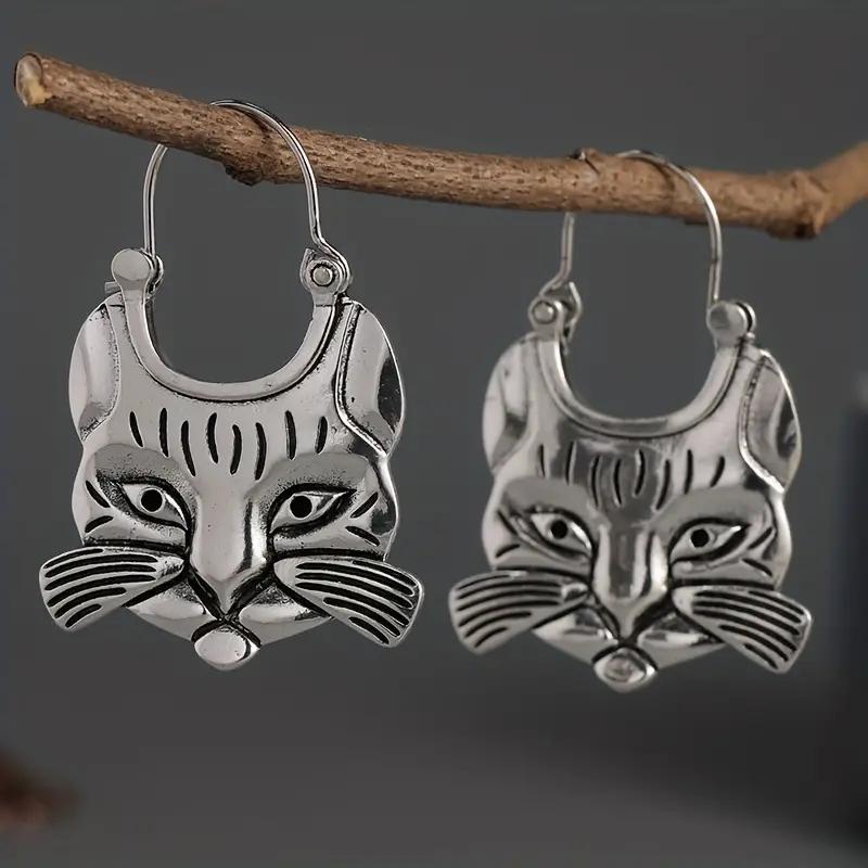 Ethnic Style Earrings for Women Cat Animal Silver Color Metal Inlaid Dangle Earrings Jewelry Trendy Female Gift