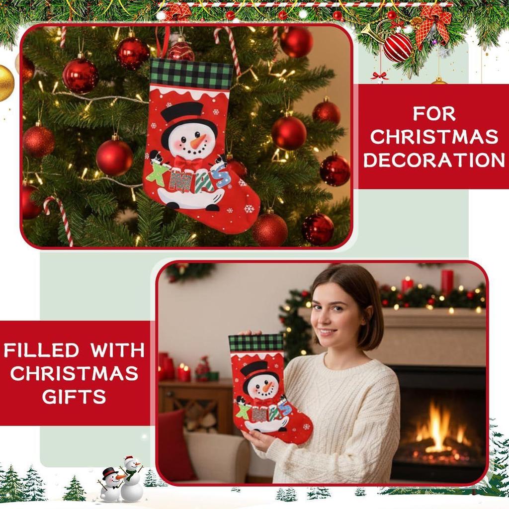 Set of 4 Christmas Decorations Stockings Snowman, Santa, Reindeer Socks Christmas Tree Decoration Items Gifts Hangings Stocking Set
