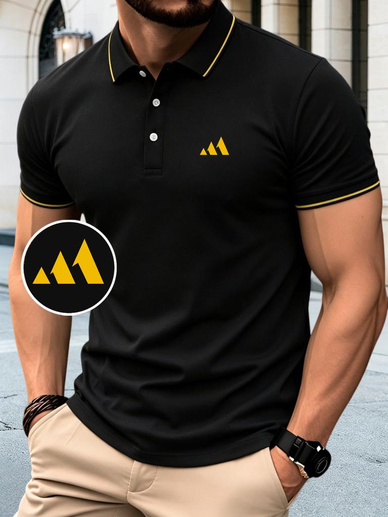 Men's Collared Polo Shirt with Peaks Graphic Print, Summer Versatile Golf Shirts for Outdoor Casual Sports