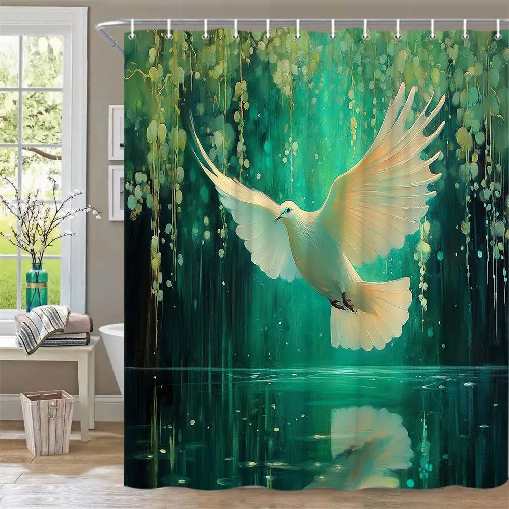 1pc Ethereal Dove Shower Curtain - Translucent Winged Dove with Peach Feathers, Luminous Forest & Hanging Orbs Design, Mystical W90xH180cm