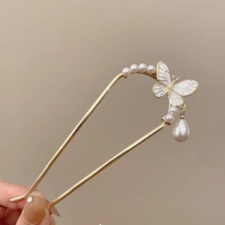Weiß/Lila Emaille Blumen Haarnadeln Antiker Chinesischer Stil U-förmige Haarstäbe Elegant Damen Perlen Anhänger Haarschmuck