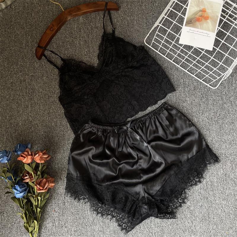 Women's Lace Pajama Set Export Sexy Elegant Pullover Lace Sleeveless Lace Suspenders Pajamas