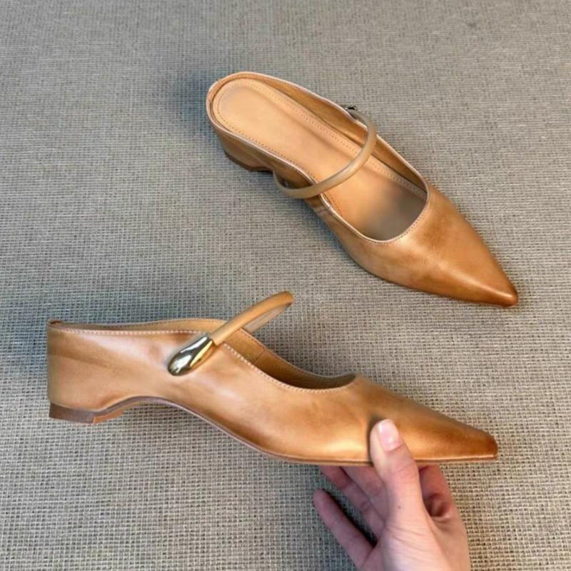 Cowhide Version~ French Temperament Polished Pointed Head with Bag Head Half Slippers Women Wear Height-increasing Sandals In Summer