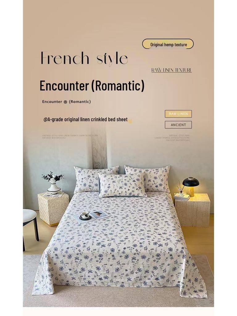 Retro-Stil Rutschfeste Weiche Leinen-Baumwolle Spannbettlaken, Doppellagige Crinkle-Gaze, Schrumpffrei, Atmungsaktiv, Verdickte Tagesdecke R