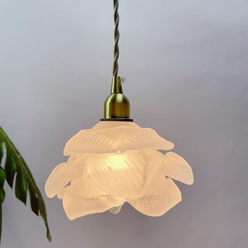 Romantic French Petal Glass Chandelier - Japanese Brass Bar Counter, B&B Living Room, American Retro Bedroom, Bedside Hanging Lamp