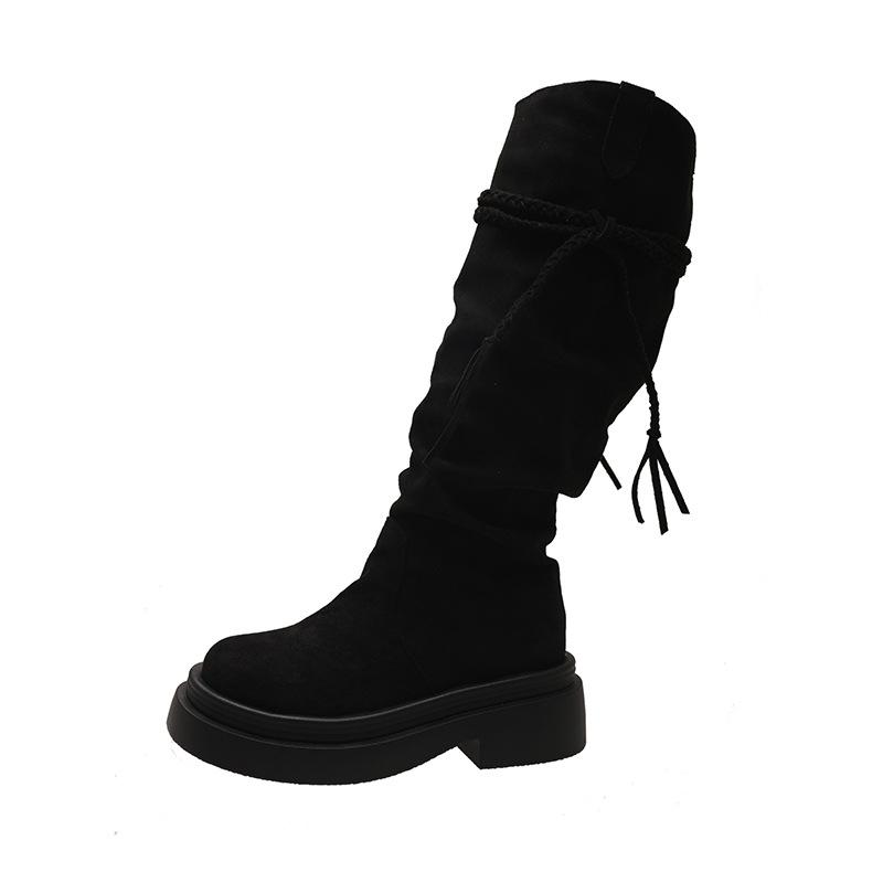 

2025 Fall/Winter Brown Tassel Boots Vintage Wasteland Knight Boots British College Pile Medium Boots Women 35