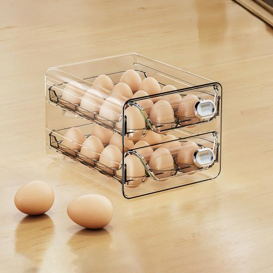 Egg Storage Box Transparent Space Saving Egg Container with Individual Slots Smooth Sliding Drawer Egg Holder for Kitchen Refrigerator