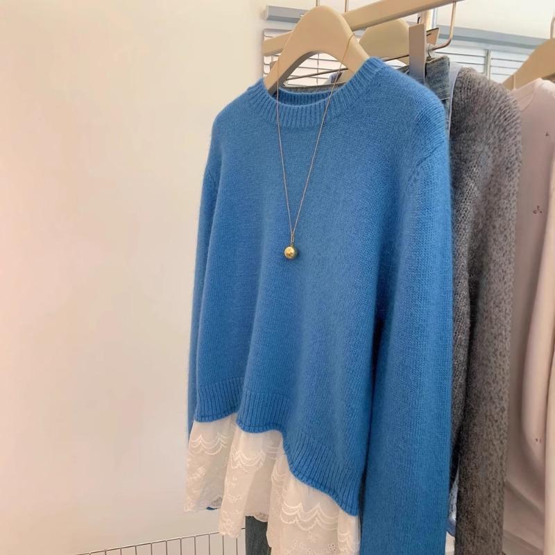 

Новый женский свободный пуловер-свитер из двух частей с кружевной вставкой для осени и зимы OneSize озеро синий