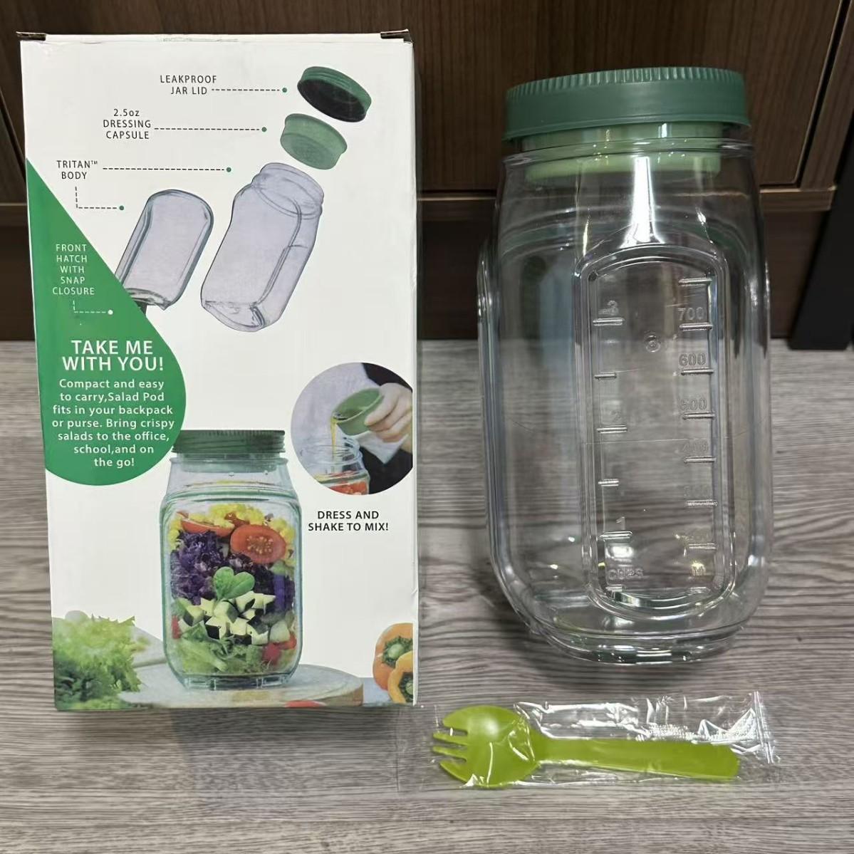 

Portable Plastic Salad Pod Container with Fork Side Opening Salad Jar Leakproof Reusable Breakfast Fruit Salad Box Keep Fresh