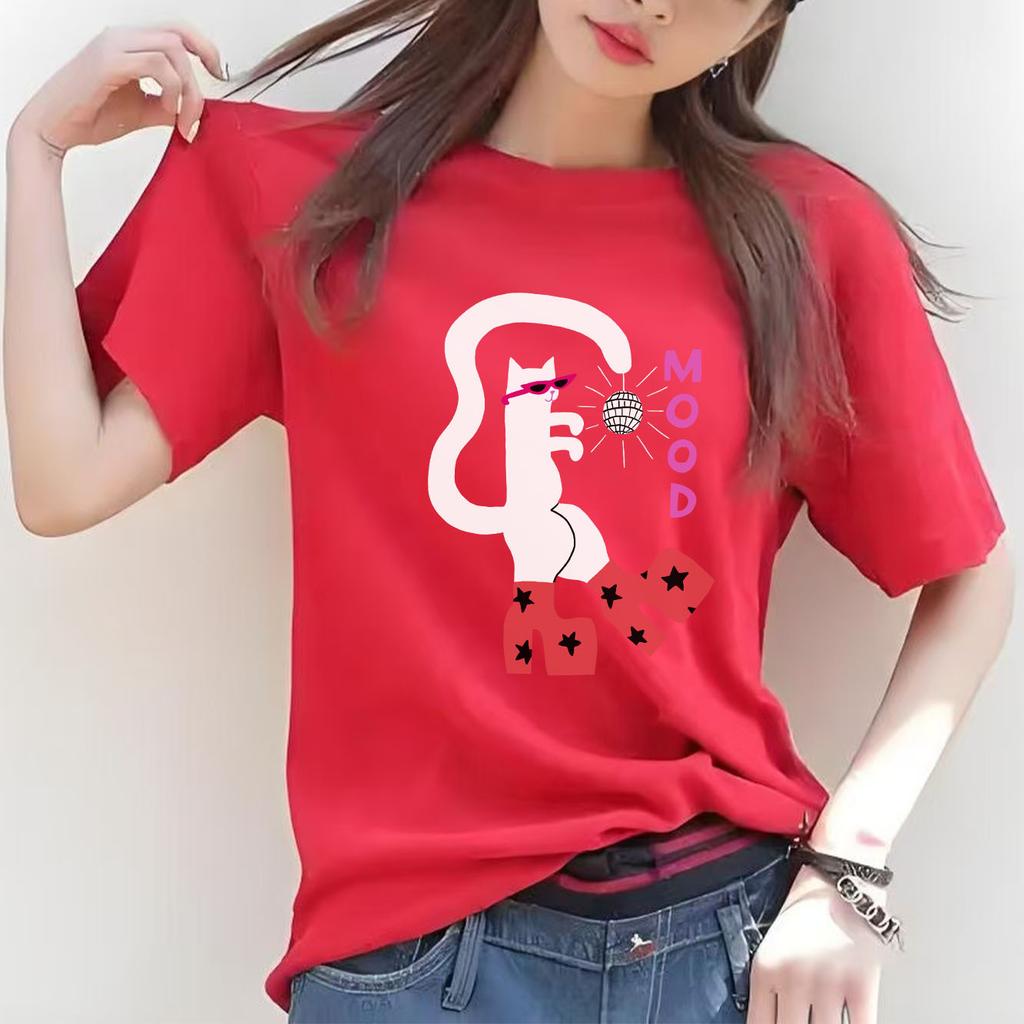 Fun Dancing Cat Printed Tshirt Casual Short Sleeve Suitable for Four Seasons Fashion Versatile Womens Tshirt