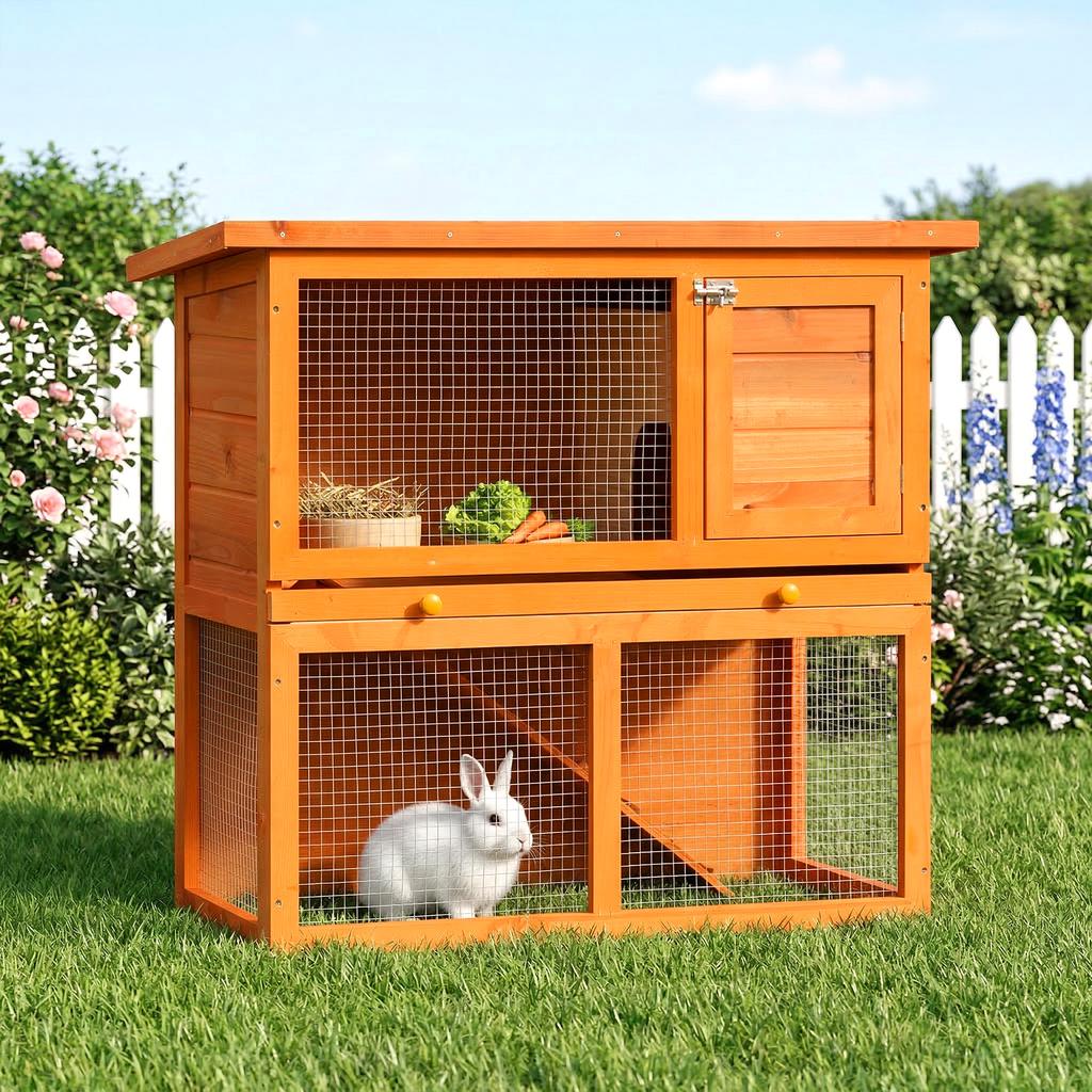 Two-Story Rabbit Cage, Outdoor Rabbit Hutch with Fir Wood Rabbit House, 90x45x80 cm
