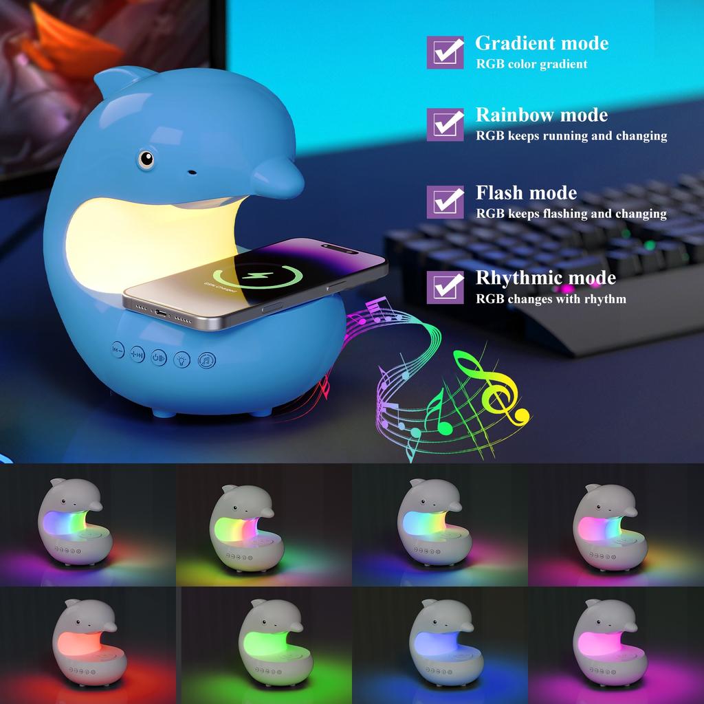 Wireless Charging Night Light Cute Dolphin Mood Colorful Ambient Lighting Bluetooth Speaker Bedroom Bedside Table Lamp