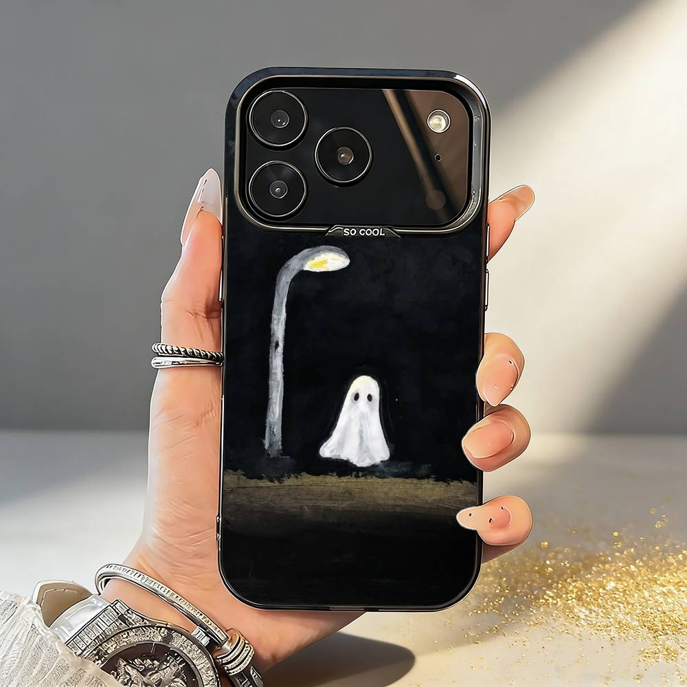 O-Oil Painting C-Cute G-Ghosts Lovely Phone Case For iPhone17 16 15 14 13 12Pro Max Grey Black Matte Laser Metallic Aurora Funda