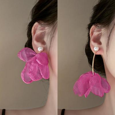 Pink Flower Mesh Earrings Personalized Internet Celebrity Same Earrings Small Fresh Holiday Wind Sweet Earrings