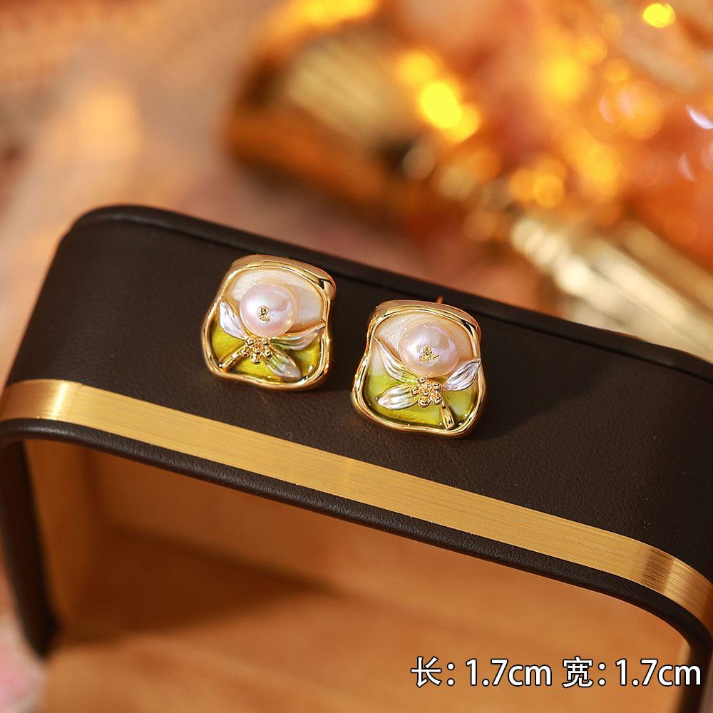 Ainibenni Original Design Enamel Painted Earrings for Women, Monet Garden Oil Painting Style Stud Earrings