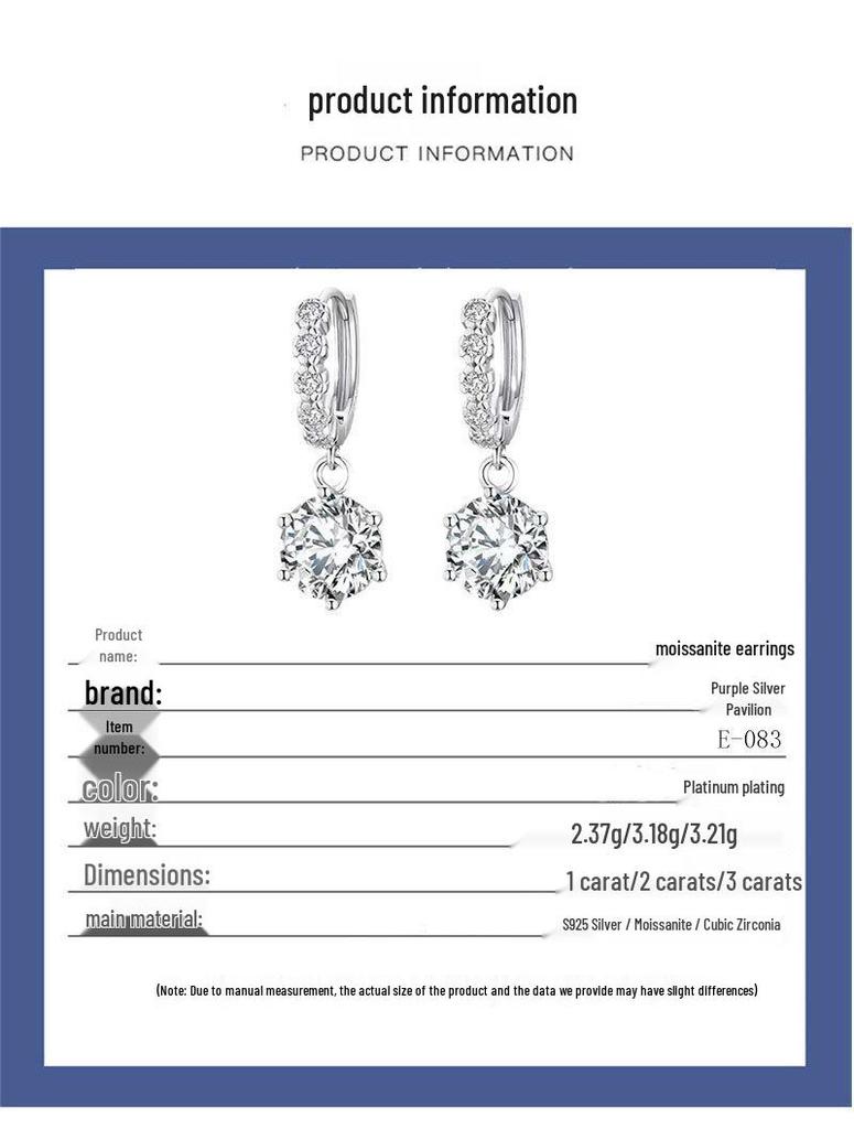 Sterling S925 Silver Moissanite Classic Six-Prong Earrings - Versatile High-Grade Ear Jewelry Dangles