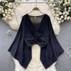 Niche Style V-neck Knot Flared Chiffon Long Sleeves Shirt