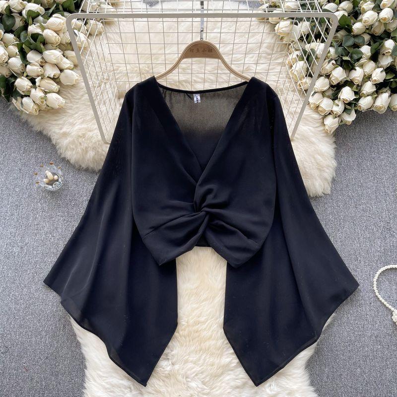 Niche Style V-neck Knot Flared Chiffon Long Sleeves Shirt