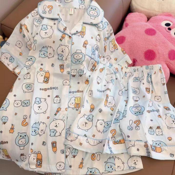 

Cute self-deprecating bear pajamas women s summer short-sleeved shorts cardigan set soft cute princess style can be worn outside loungewear S
