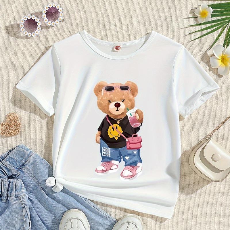 Children Crew Neck Short Sleeve T-Shirt with Cartoon Bear Backpack Print 110 белый