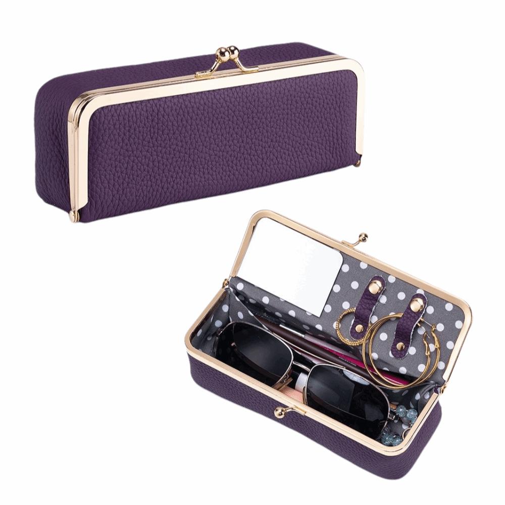 Genuine Leather Cosmetic Storage Pouch Portable Solid Color Sunglasses Storage Case Buckle Fixed Compact Jewelry Storage Bag