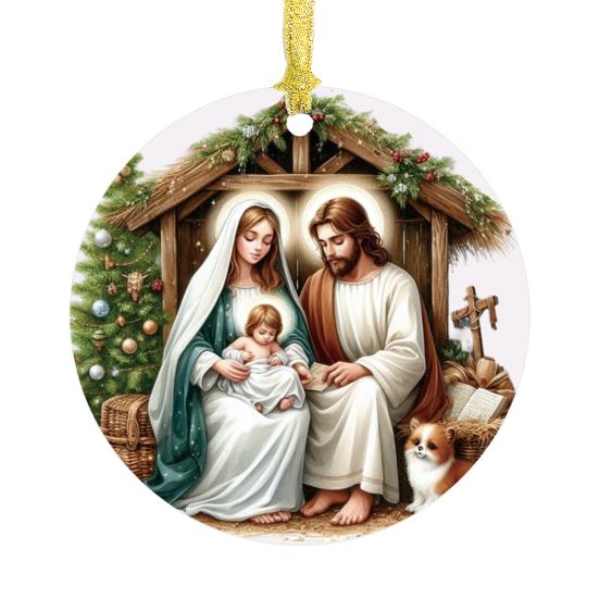 Nativity Night Ornament Round Acrylic Birth of Jesus Christ Hanging Decoration Religious Themed Christmas Keepsake for Winter Xmas Tree Decor