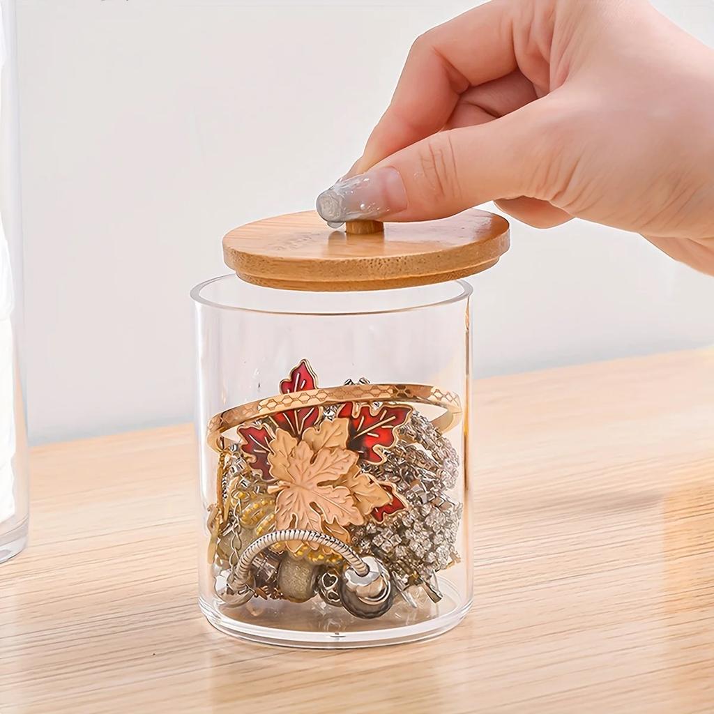 1pc Bamboo-covered Cotton Swab Box, Acrylic Round Storage Cup, Transparent Cotton Pad Box
