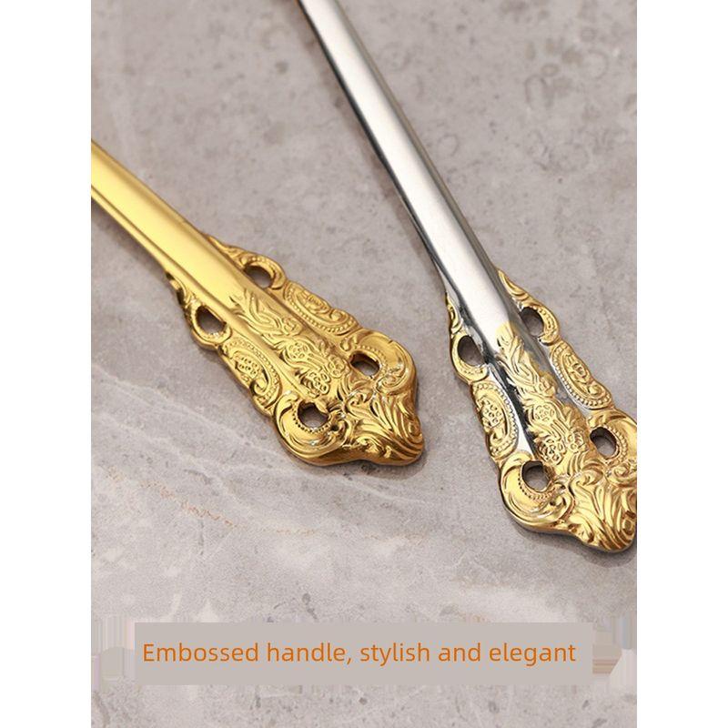Steel Spoon with Palace-Style Embossed Handle, Golden Small Soup Spoon, Short-Handled Kitchen Spoon for Home Use, Suitable for Serving Porridge