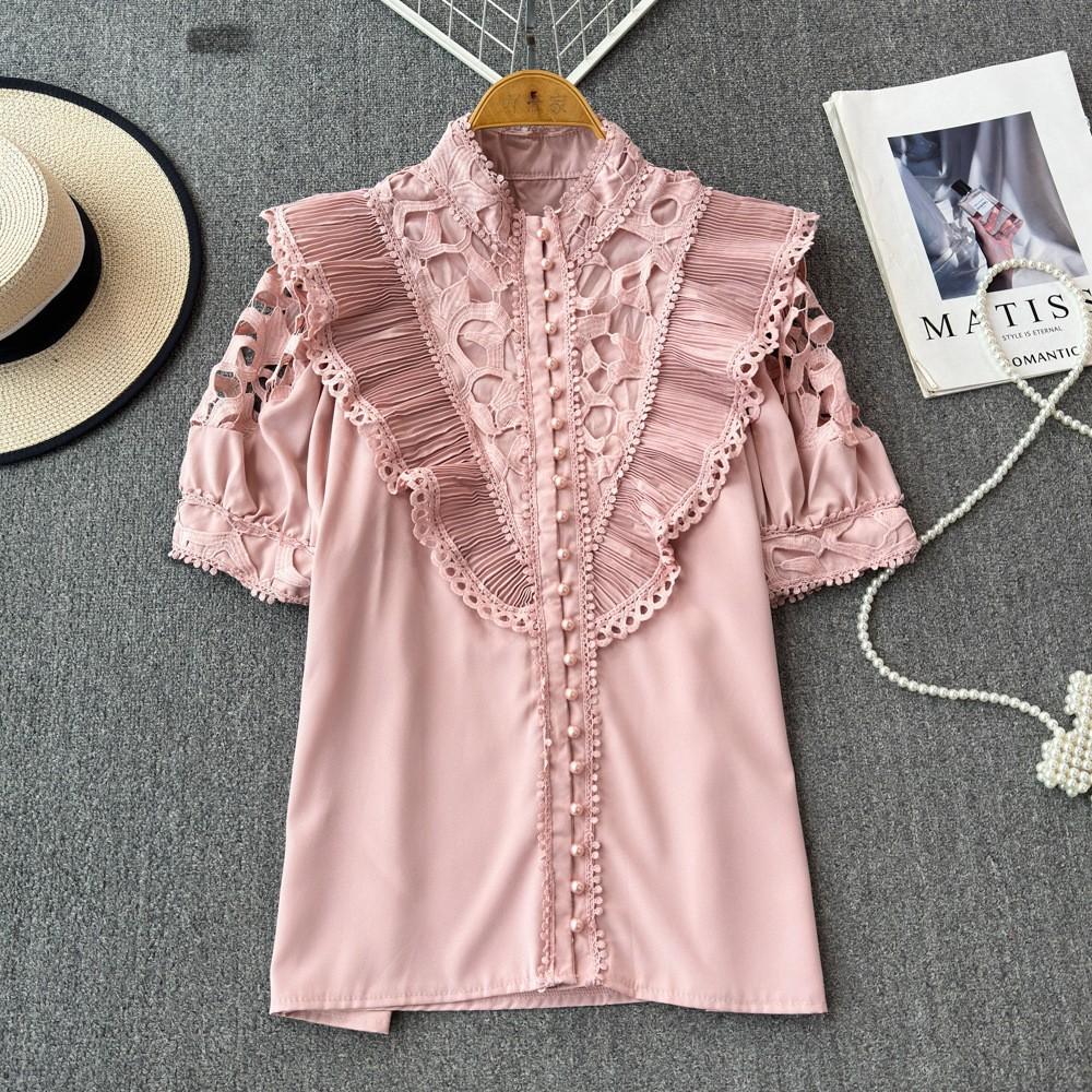 Women's Stand-up Collar Spring Embroidery Shirt Hollow Ruffled Lace Shirt Short-sleeved Solid Colour Ageing Splicing Shirt