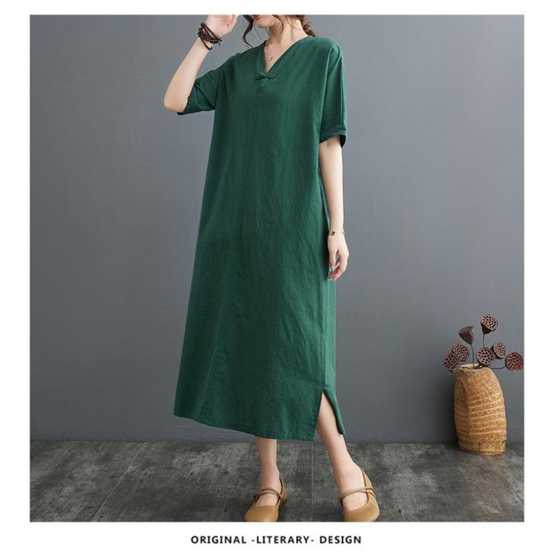 Summer New Cotton and Linen Artistic Retro Pullover Buckle Dress A-line Long Skirt