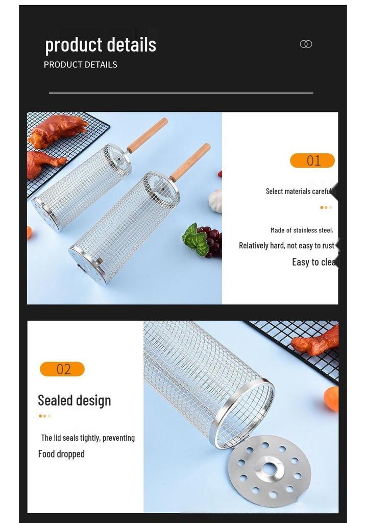 Portable Round 304 Stainless Steel BBQ Grill with Wooden Handle