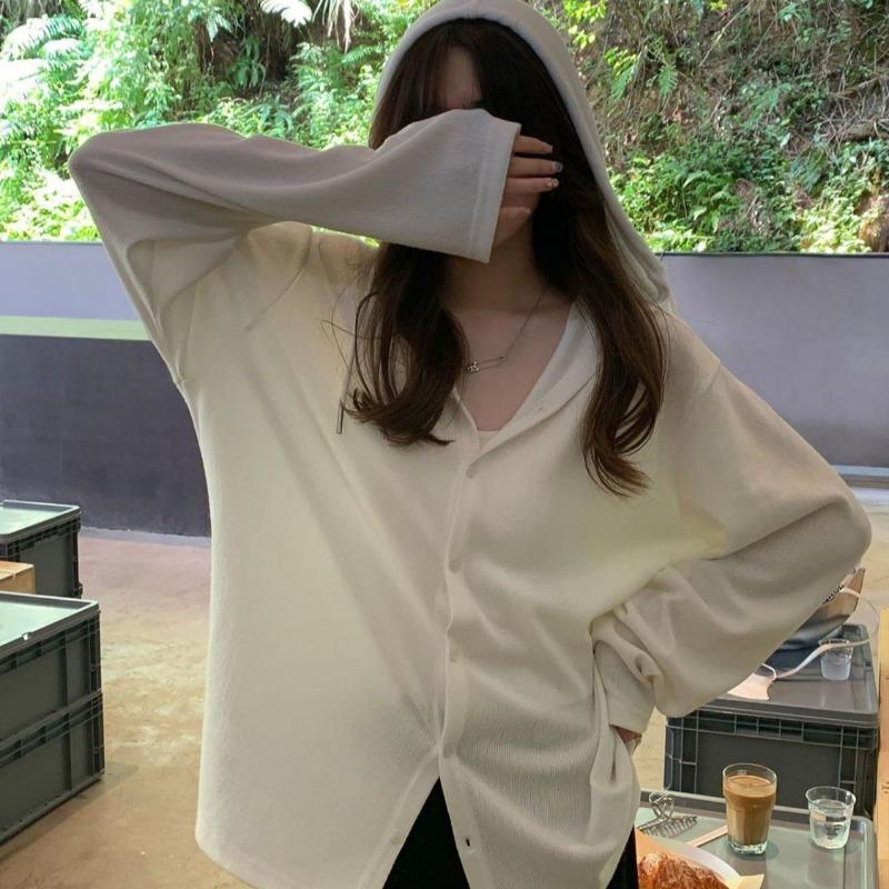 Women Hooded Single Breasted Loose Fit Solid Color Knit Cardigan S белый