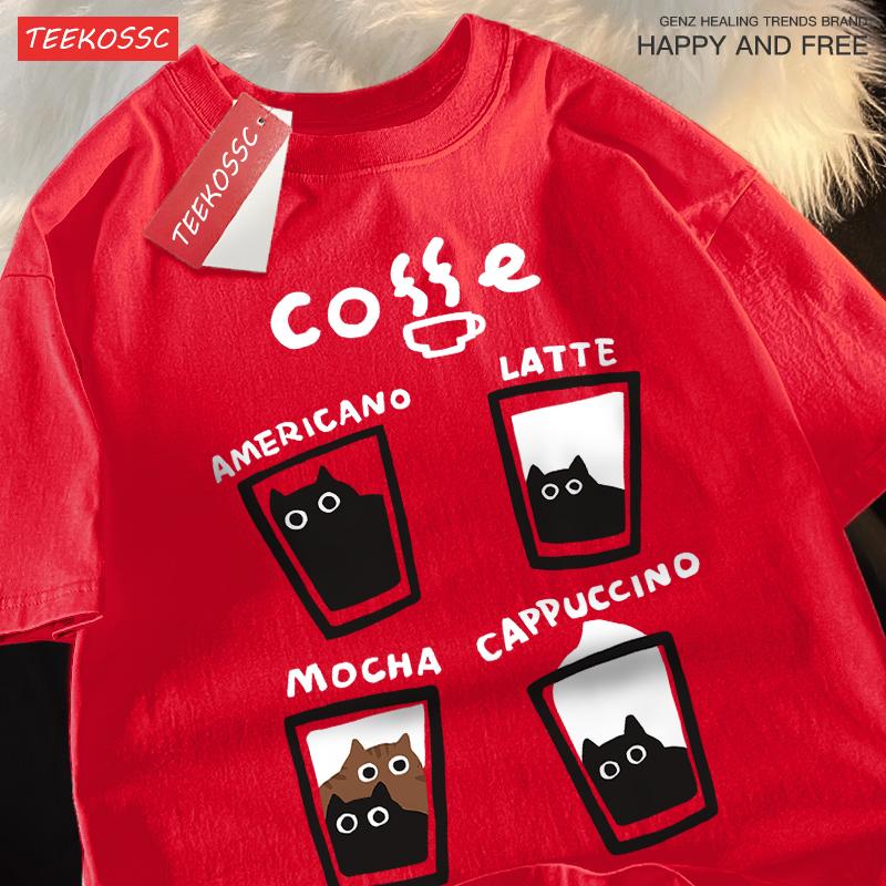 American Retro Trendy Cat Cotton T-shirt Casual Round Neck Men Women Summer Loose Couple Short Sleeved Tops Tee Harajuku Y2k