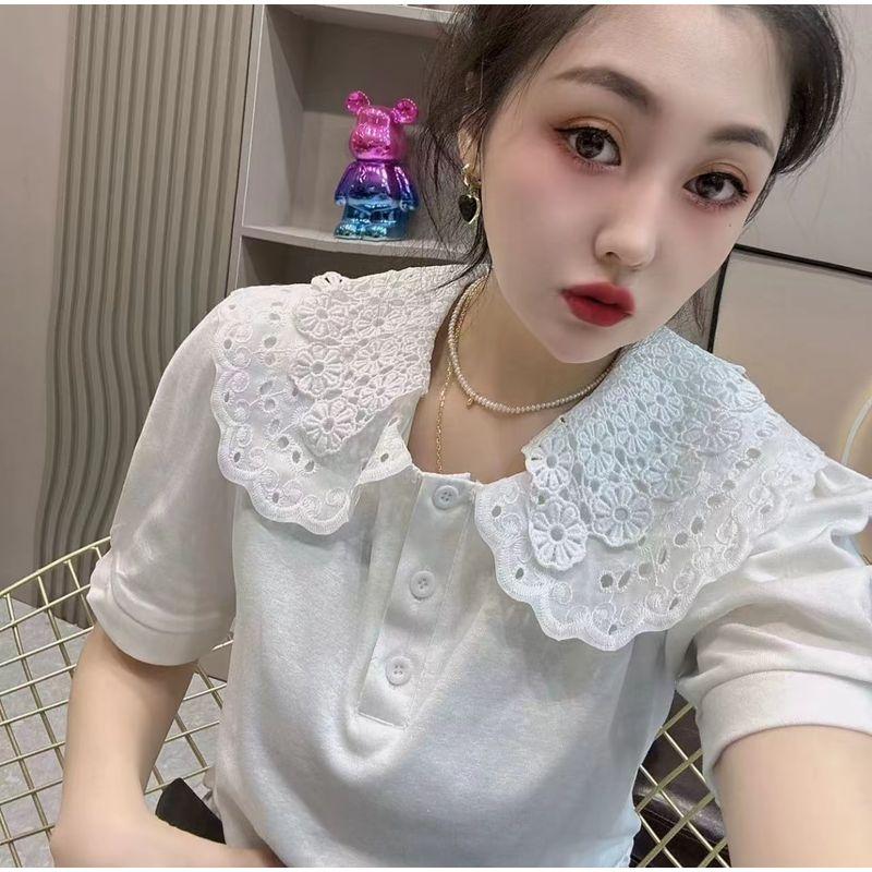 

Летняя новинка 2024 года, нишевый стиль, кукольный воротник, кружево с коротким рукавом White 3XL