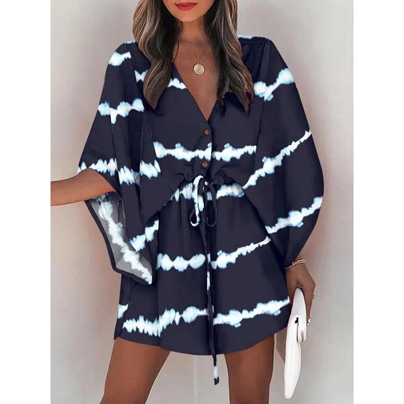 2026 Frühling Damen V-Ausschnitt Fledermausärmel Tropischer Print Kordelzug Taille Mini Strandkleid Urlaubs Überwurf Kurzes Kleid