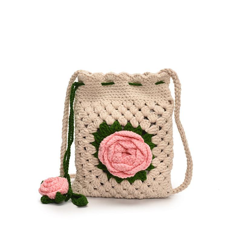 Cute Knitted Water Bucket Bag With Drawstring And Rose Design For Daily Casual Women