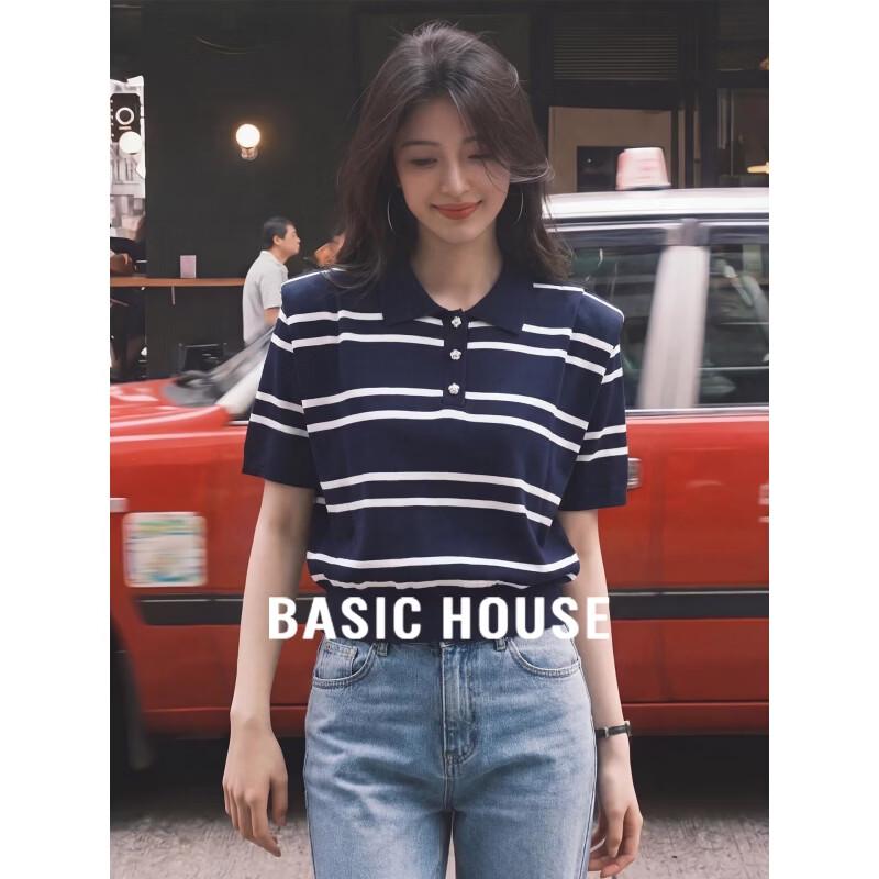 Basic House Women s Striped Polo Knit Top S
