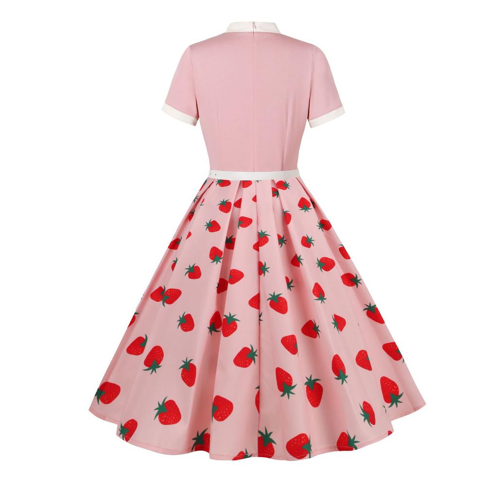 Women's Fashionable Retro Hepburn-Print Floral Polka Dot Bow Dress For Summer
