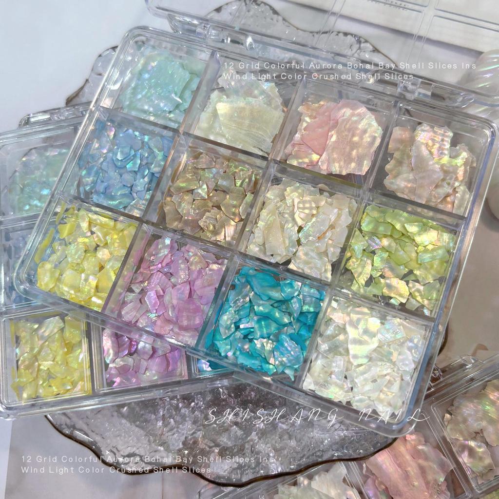 Iridescent Bohai Bay Seashell Nail Art Decorations - 12 Grid Natural Shell Fragments for Summer Nails.