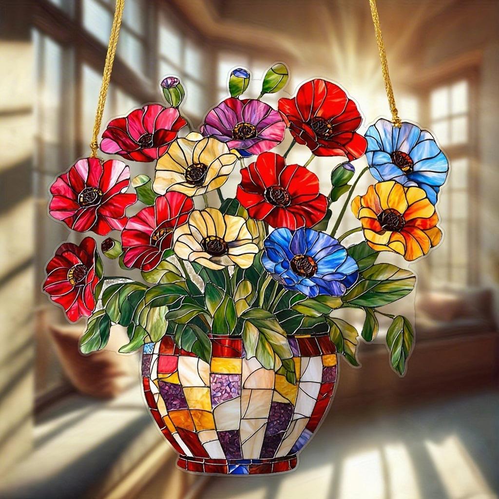 Acrylic Flower Pot with Solar Catcher Colored Light Collector Window Hanging Home Bedroom Decor Unique Holiday Gift, Four Seasons Decoration
