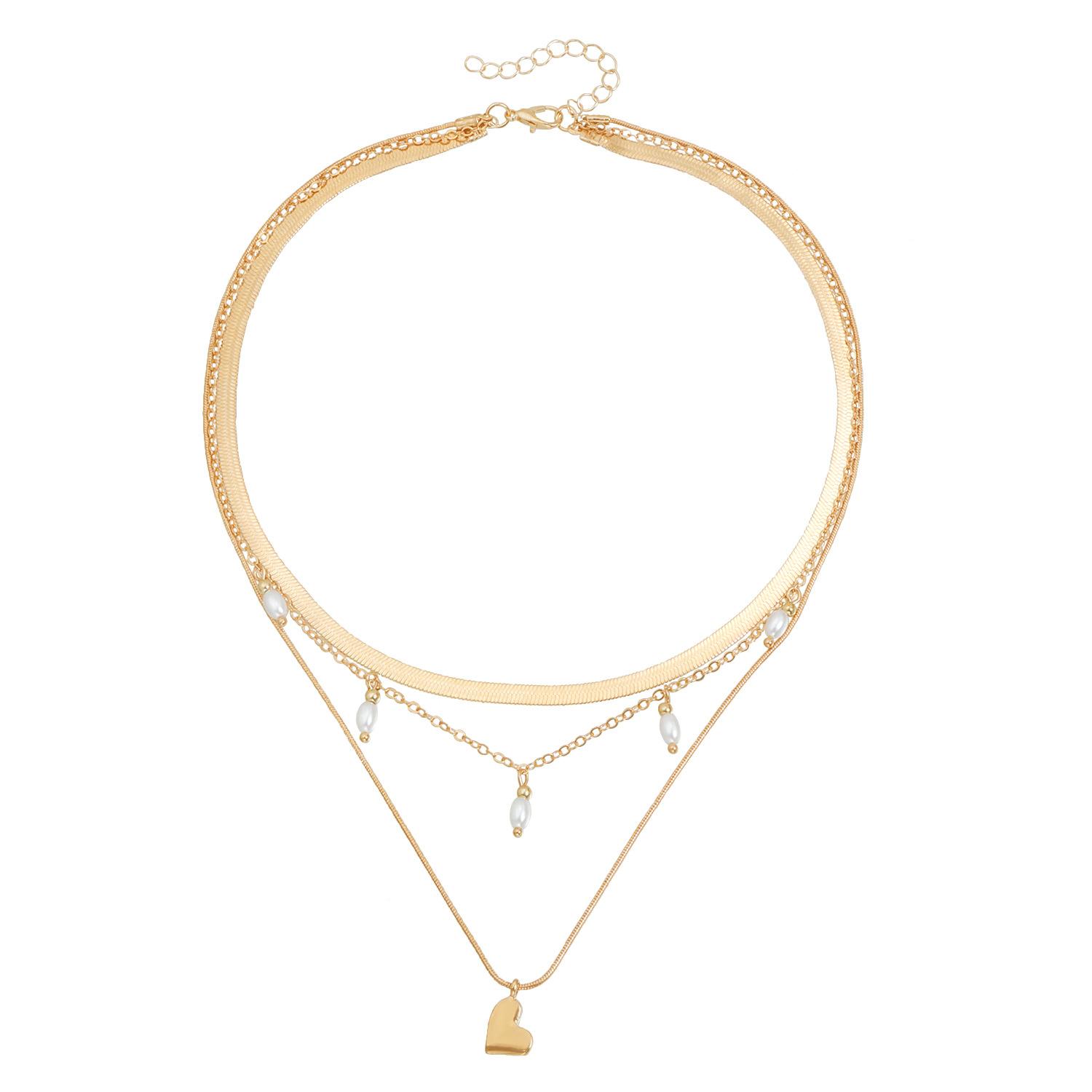 

European and American jewelry retro metal style love imitation pearl necklace fashion three-layer stacked snake chain necklace золотой