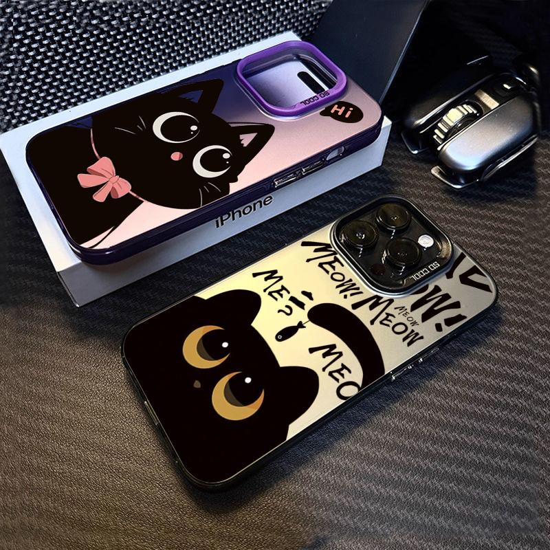 Cartoon Black Cat Eating Fish Electroplate Silver IMD Phone Case For iPhone 16 15 14 Pro Max 13 12 11 Pro 7 8 Plus X XS XR Cover