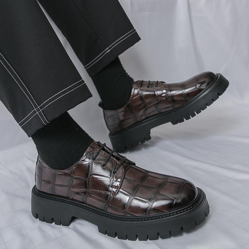 Fashion Retro Men Business Derby Shoes Black Brown Large-head Height-increasing Fashionable Lace-up Leather Shoes Social Shoes Men