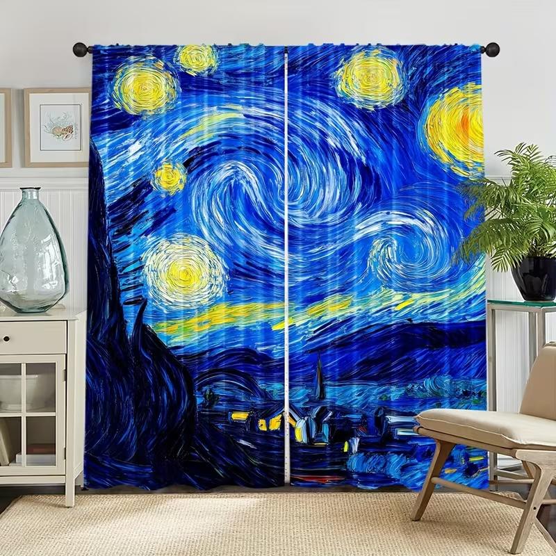 2PcsOil Painting Starry Sky Print Curtains,suitable for Bedroom,living Room Kitchen Decoration,home Decoration,window Decoration