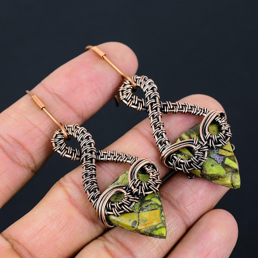 Copper Green Turquoise Handmade Copper Wire Wrap Earring 2.72 R6f53