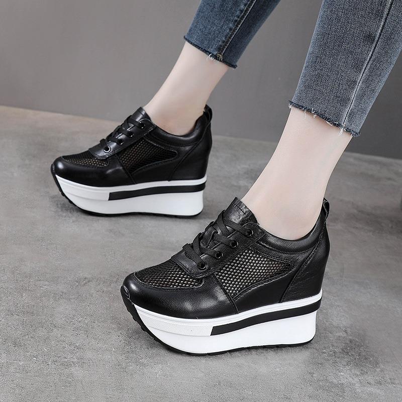 Fashion 10cm Air Mesh Genuine Leather Women Comfy Spring Fashion Chunky Sneaker Flats Ankle Boots Platform Wedge Sneakers Summer Shoes