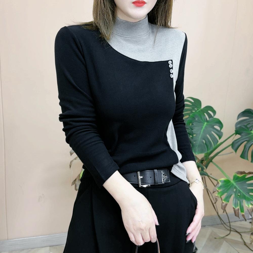 

Autumn and winter new fashion bottoming shirt long-sleeved round neck color matching button design sense age-reducing loose double-sided velvet M чёрный