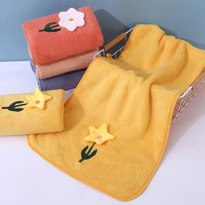 Soft High-Density Coral Fleece Towel - Absorbent, Thick Face & Hair Drying with Fresh 3D Floral Design